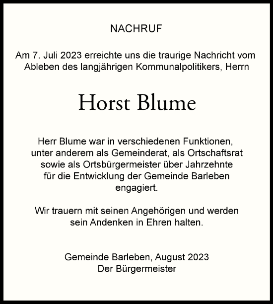 Traueranzeige von Horst Blume von Volksstimme Haldensleben/Wolmirstedt