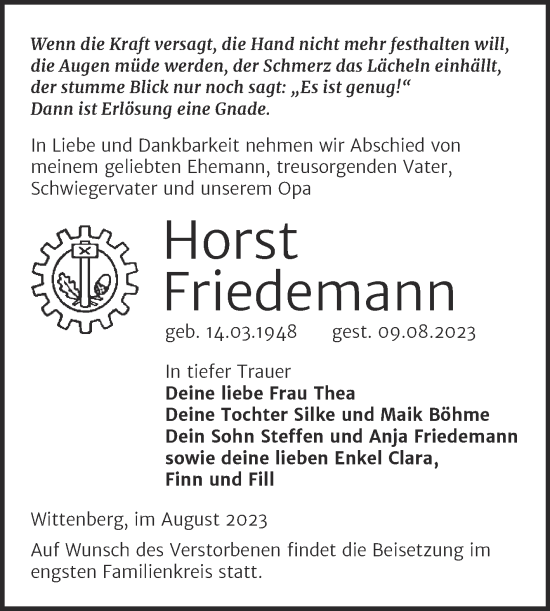 Traueranzeige von Horst Friedemann von Trauerkombi Wittenberg