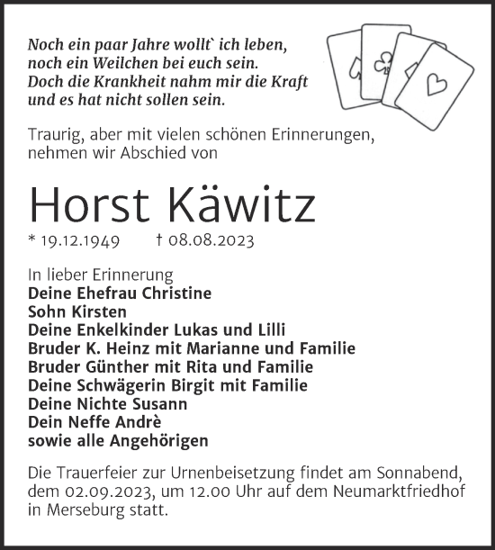 Traueranzeige von Horst Käwitz von Trauerkombi Merseburg