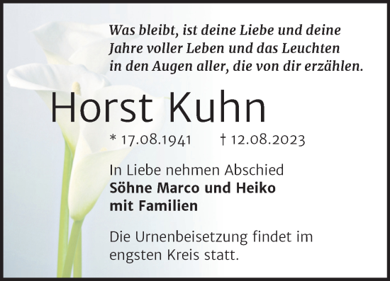 Traueranzeige von Horst Kuhn von Trauerkombi Bernburg