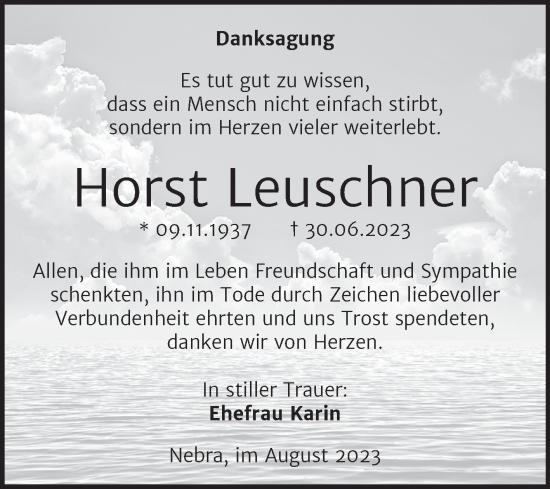 Traueranzeige von Horst Leuschner von Naumburger Tageblatt