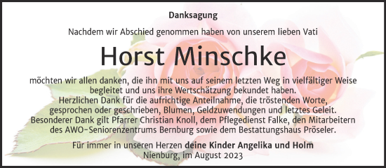 Traueranzeige von Horst Minschke von Trauerkombi Bernburg