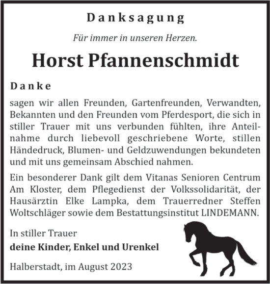 Traueranzeige von Horst Pfannenschmidt von Volksstimme Halberstadt