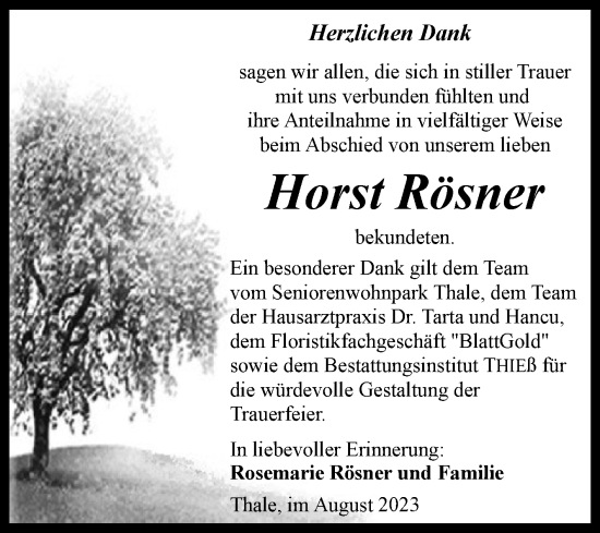 Traueranzeige von Horst Rösner von Trauerkombi Quedlinburg