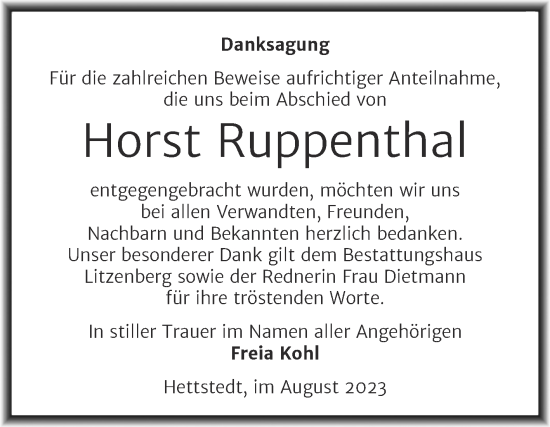 Traueranzeige von Horst Ruppenthal von Trauerkombi Mansfelder Land