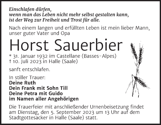 Traueranzeige von Horst Sauerbier von Mitteldeutsche Zeitung Halle/Saalkreis