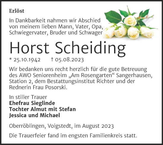 Traueranzeige von Horst Scheiding von Trauerkombi Sangerhausen