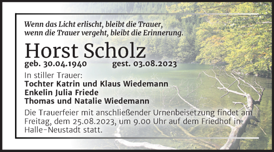 Traueranzeige von Horst Scholz von Mitteldeutsche Zeitung Halle/Saalkreis