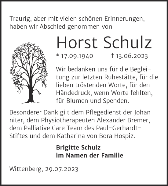 Traueranzeige von Horst Schulz von Trauerkombi Wittenberg