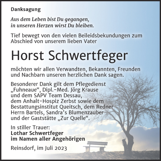 Traueranzeige von Horst Schwertfeger von Trauerkombi Köthen