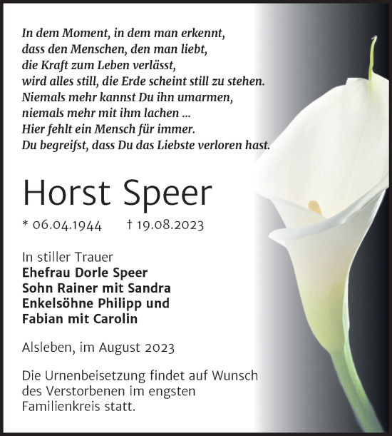 Traueranzeige von Horst Speer von Trauerkombi Bernburg