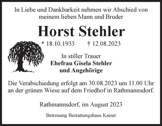Traueranzeige von Horst Stehler von Volksstimme Staßfurt