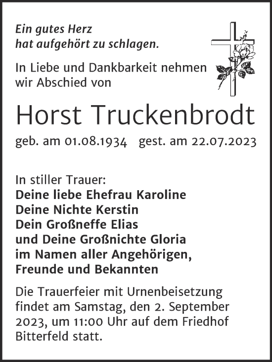 Traueranzeige von Horst Truckenbrodt von Mitteldeutsche Zeitung Bitterfeld