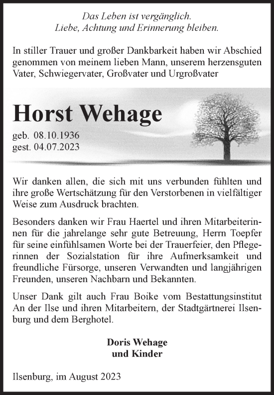 Traueranzeige von Horst Wehage von Volksstimme Wernigerode