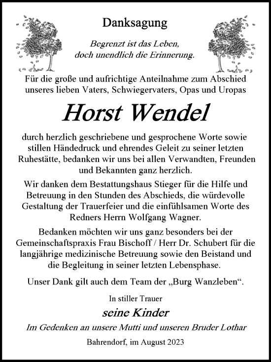 Traueranzeige von Horst Wendel von Volksstimme Oschersleben/Wanzleben