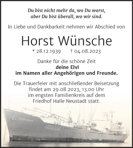 Traueranzeige von Horst Wünsche von Mitteldeutsche Zeitung Halle/Saalkreis