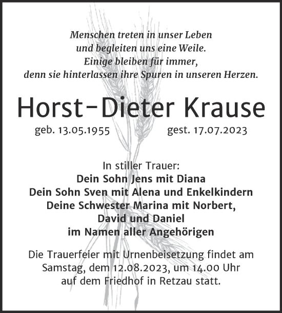 Traueranzeige von Horst Dieter Krause von Trauerkombi Bitterfeld