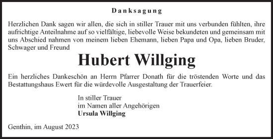 Traueranzeige von Hubert Willging von Volksstimme Burg/Genthin