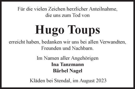 Traueranzeige von Hugo Toups von Volksstimme Altmark Ost
