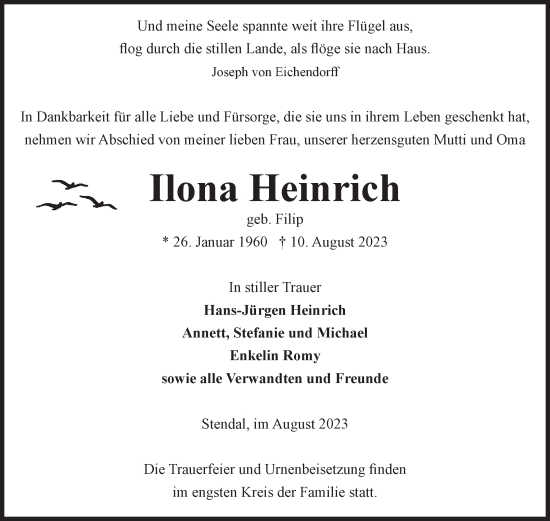 Traueranzeige von Ilona Heinrich von Volksstimme Altmark Ost