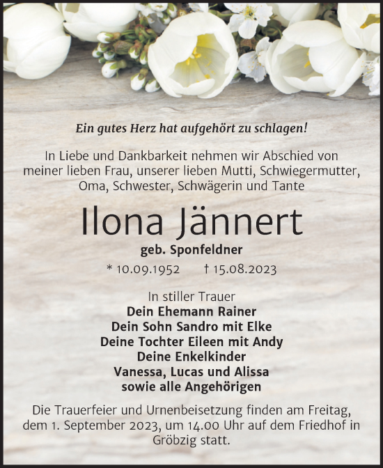 Traueranzeige von Ilona Jännert von Trauerkombi Köthen