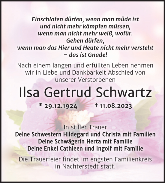 Traueranzeige von Ilsa Gertrud Schwartz von Trauerkombi Aschersleben