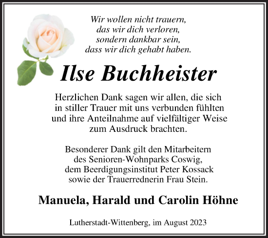 Traueranzeige von Ilse Buchheister von Trauerkombi Wittenberg