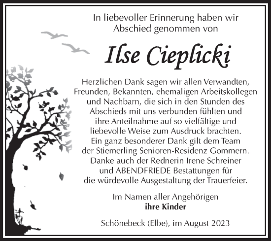 Traueranzeige von Ilse Cieplicki von Volksstimme Schönebeck