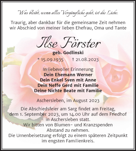 Traueranzeige von Ilse Förster von Trauerkombi Aschersleben