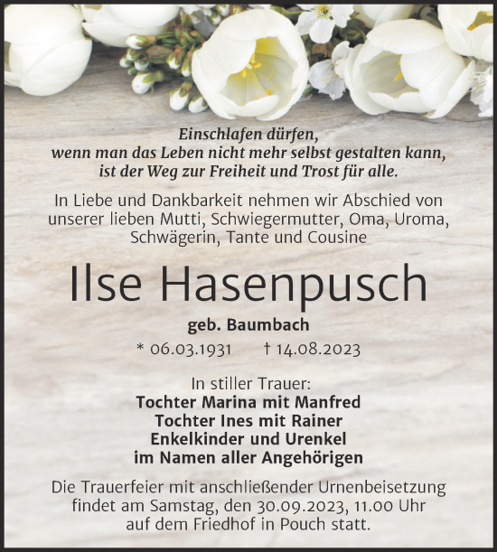 Traueranzeige von Ilse Hasenpusch von Trauerkombi Bitterfeld