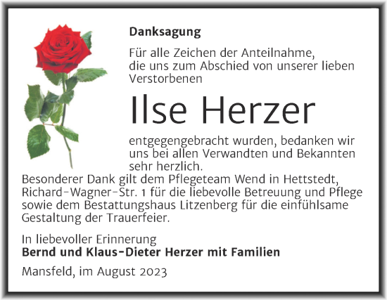Traueranzeige von Ilse Herzer von Mitteldeutsche Zeitung Mansfelder Land