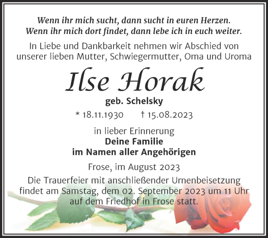 Traueranzeige von Ilse Horak von Trauerkombi Aschersleben