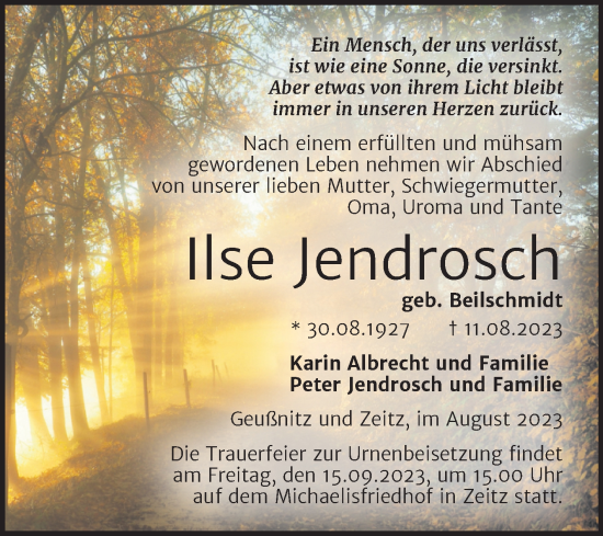 Traueranzeige von Ilse Jendrosch von Super Sonntag Zeitz