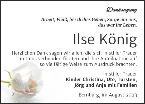 Traueranzeige von Ilse König von Trauerkombi Bernburg