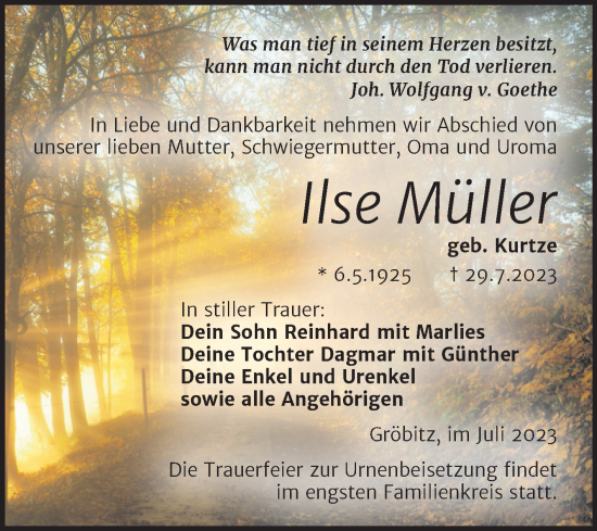 Traueranzeige von Ilse Müller von Trauerkombi Weißenfels