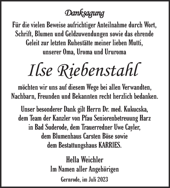 Traueranzeige von Ilse Riebenstahl von Trauerkombi Quedlinburg
