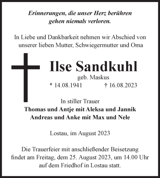 Traueranzeige von Ilse Sandkuhl von Volksstimme Burg/Genthin