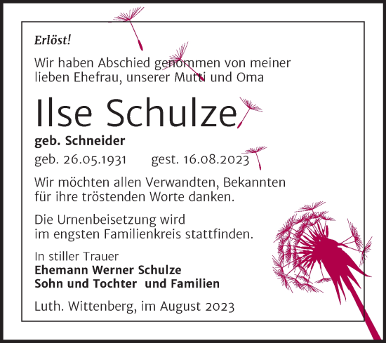 Traueranzeige von Ilse Schulze von Trauerkombi Wittenberg