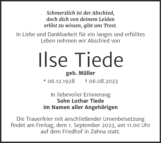 Traueranzeige von Ilse Tiede von Trauerkombi Wittenberg