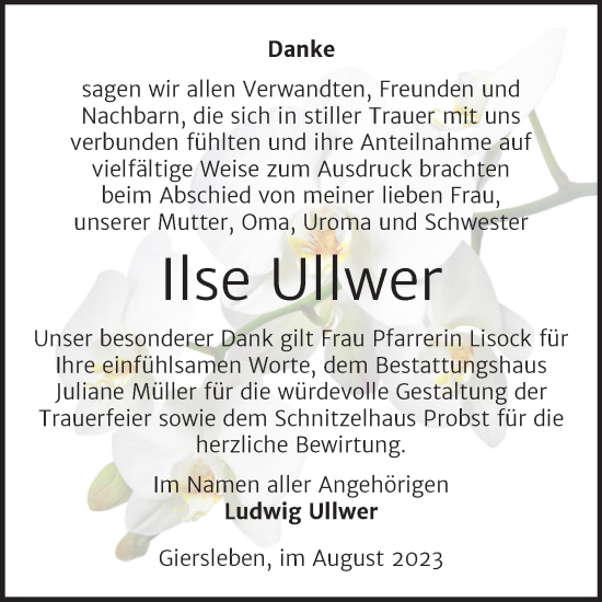 Traueranzeige von Ilse Ullwer von Trauerkombi Aschersleben