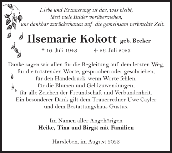 Traueranzeige von Ilsemarie Kokott von Volksstimme Halberstadt