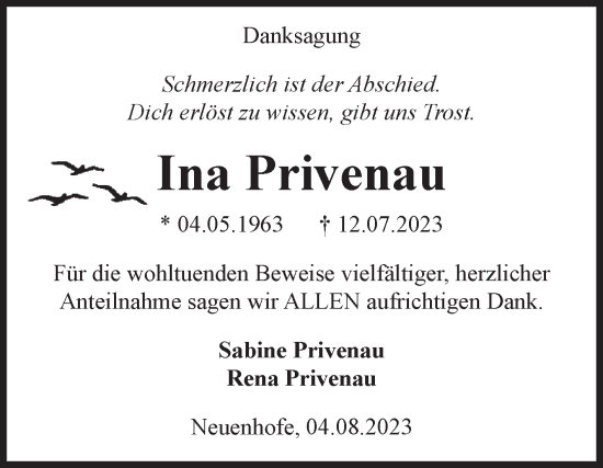 Traueranzeige von Ina Privenau von Volksstimme Haldensleben/Wolmirstedt