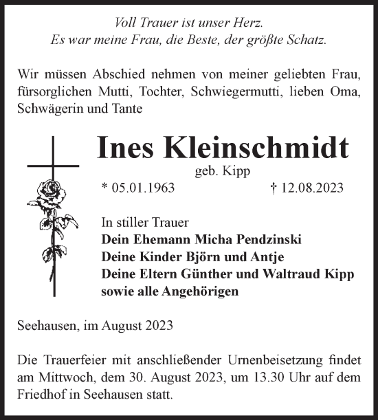 Traueranzeige von Ines Kleinschmidt von Volksstimme Altmark Ost
