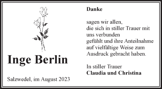 Traueranzeige von Inge Berlin von Volksstimme Altmark West