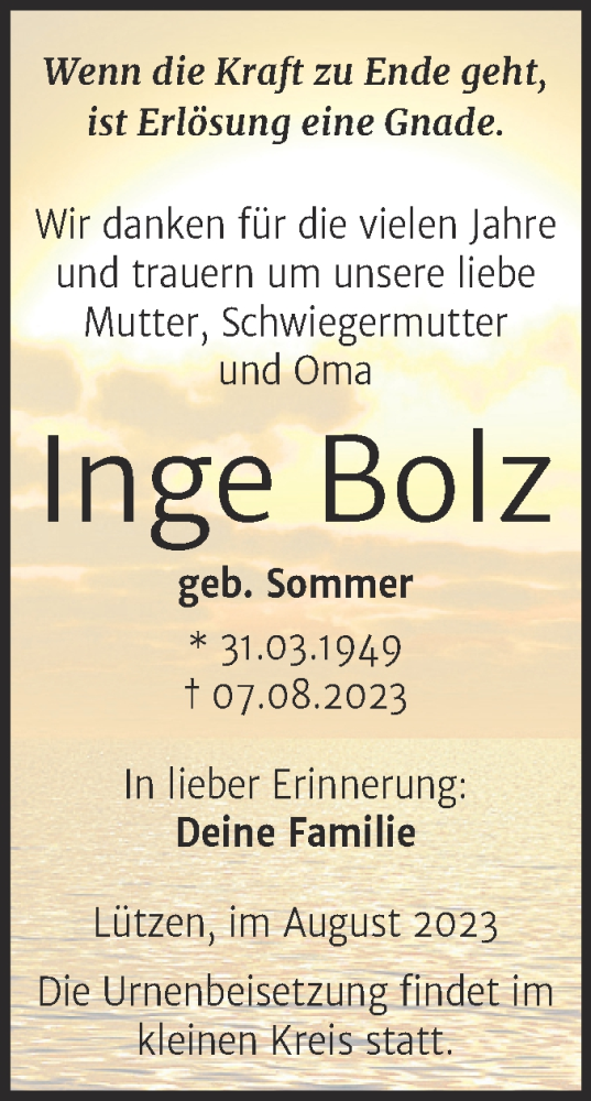 Traueranzeige von Inge Bolz von Trauerkombi Weißenfels