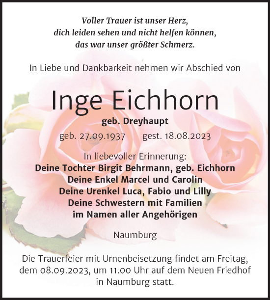 Traueranzeige von Inge Eichhorn von Wochenspiegel Naumburg/Nebra