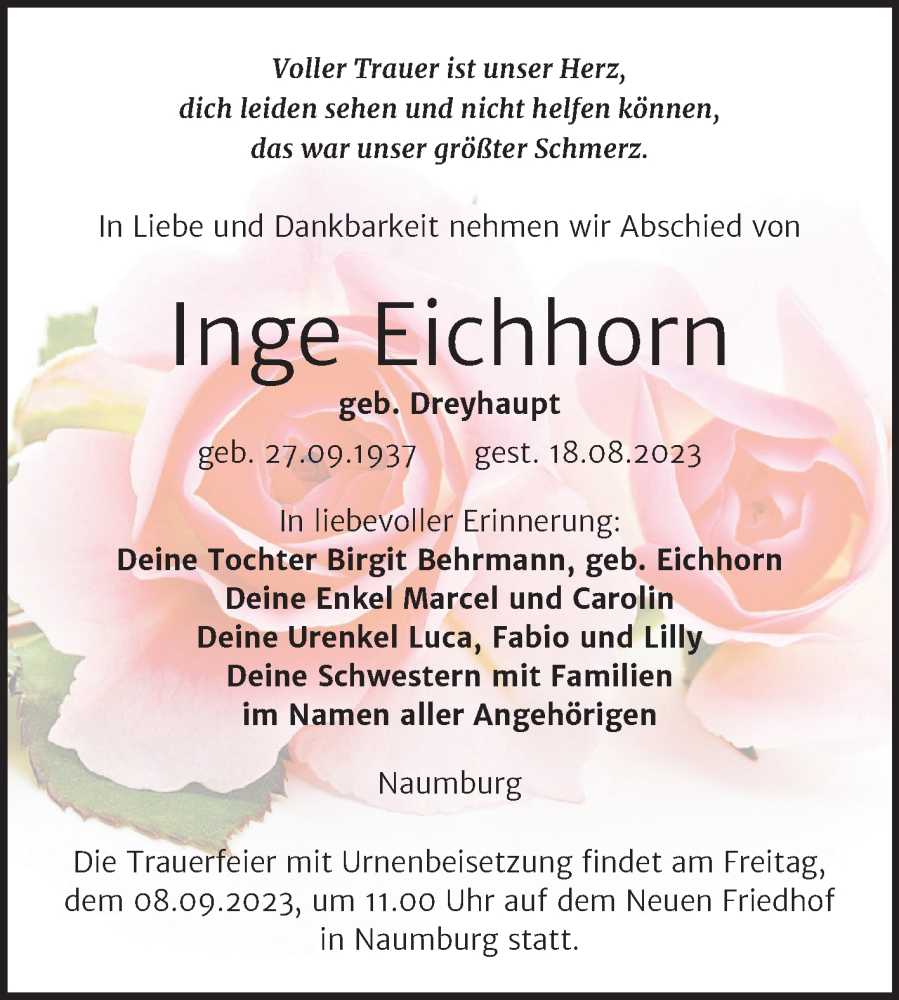  Traueranzeige für Inge Eichhorn vom 30.08.2023 aus Wochenspiegel Naumburg/Nebra