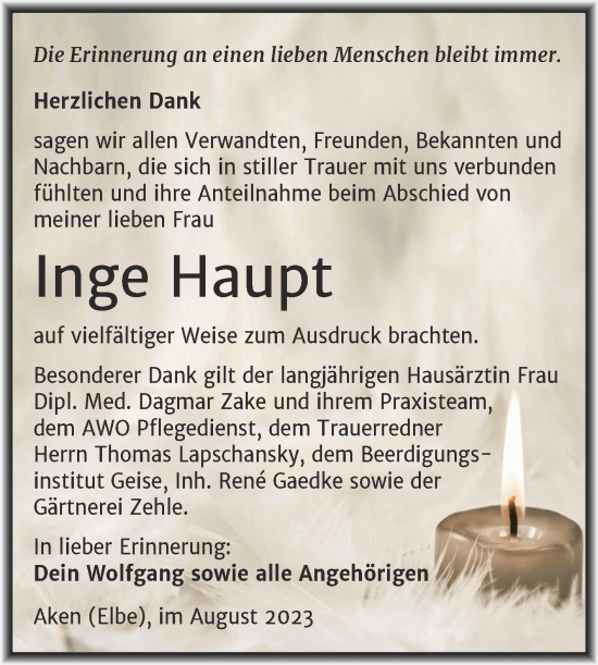 Traueranzeige von Inge Haupt von Trauerkombi Köthen