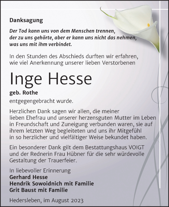 Traueranzeige von Inge Hesse von Trauerkombi Mansfelder Land