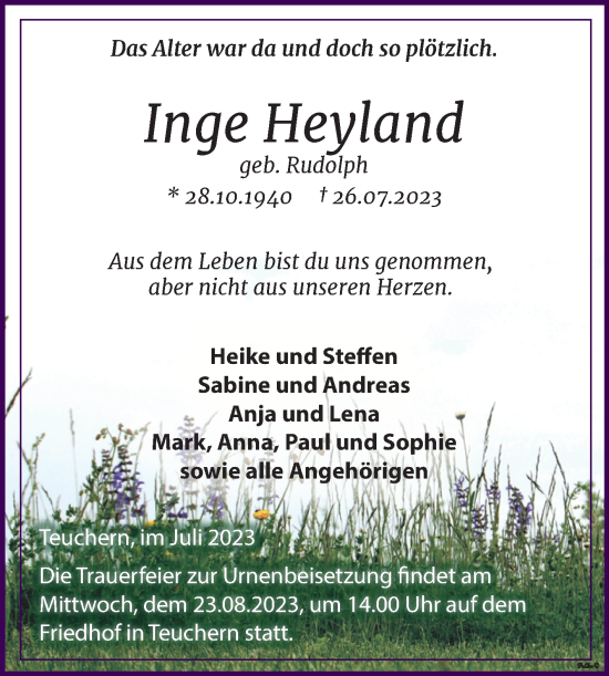 Traueranzeige von Inge Heyland von Wochenspiegel Weißenfels